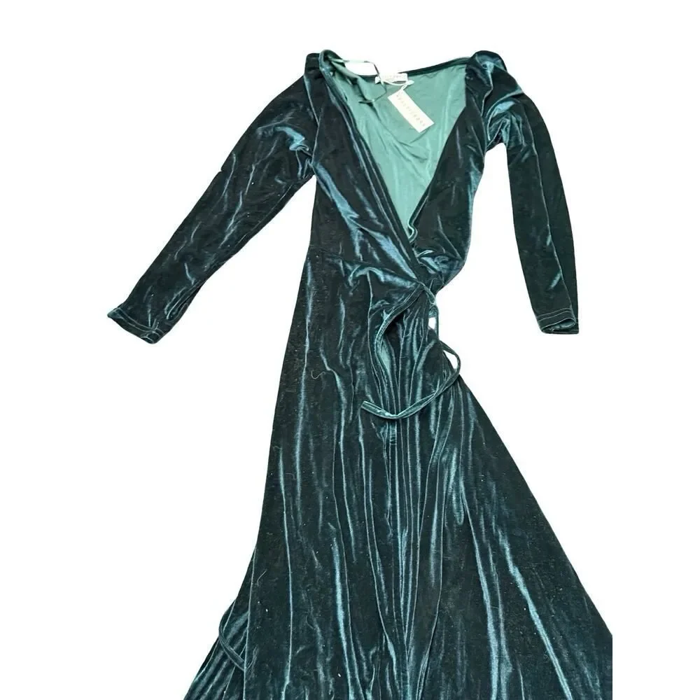 NWT Baltic Born Esmerelda Green Velvet Maxi Wrap Dress Long Sleeve Size M